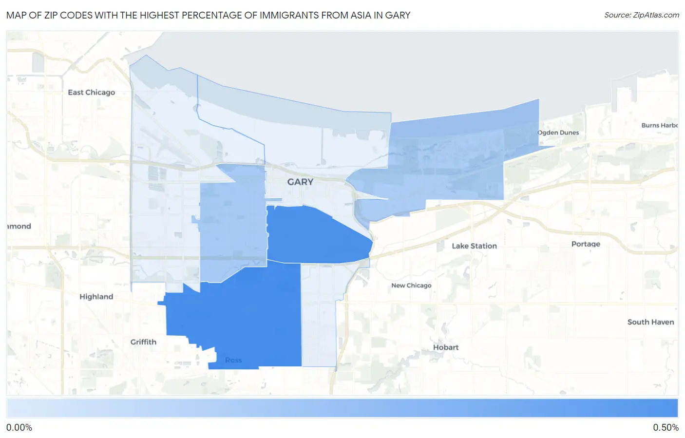 Zip Codes with the Highest Percentage of Immigrants from Asia in Gary Map