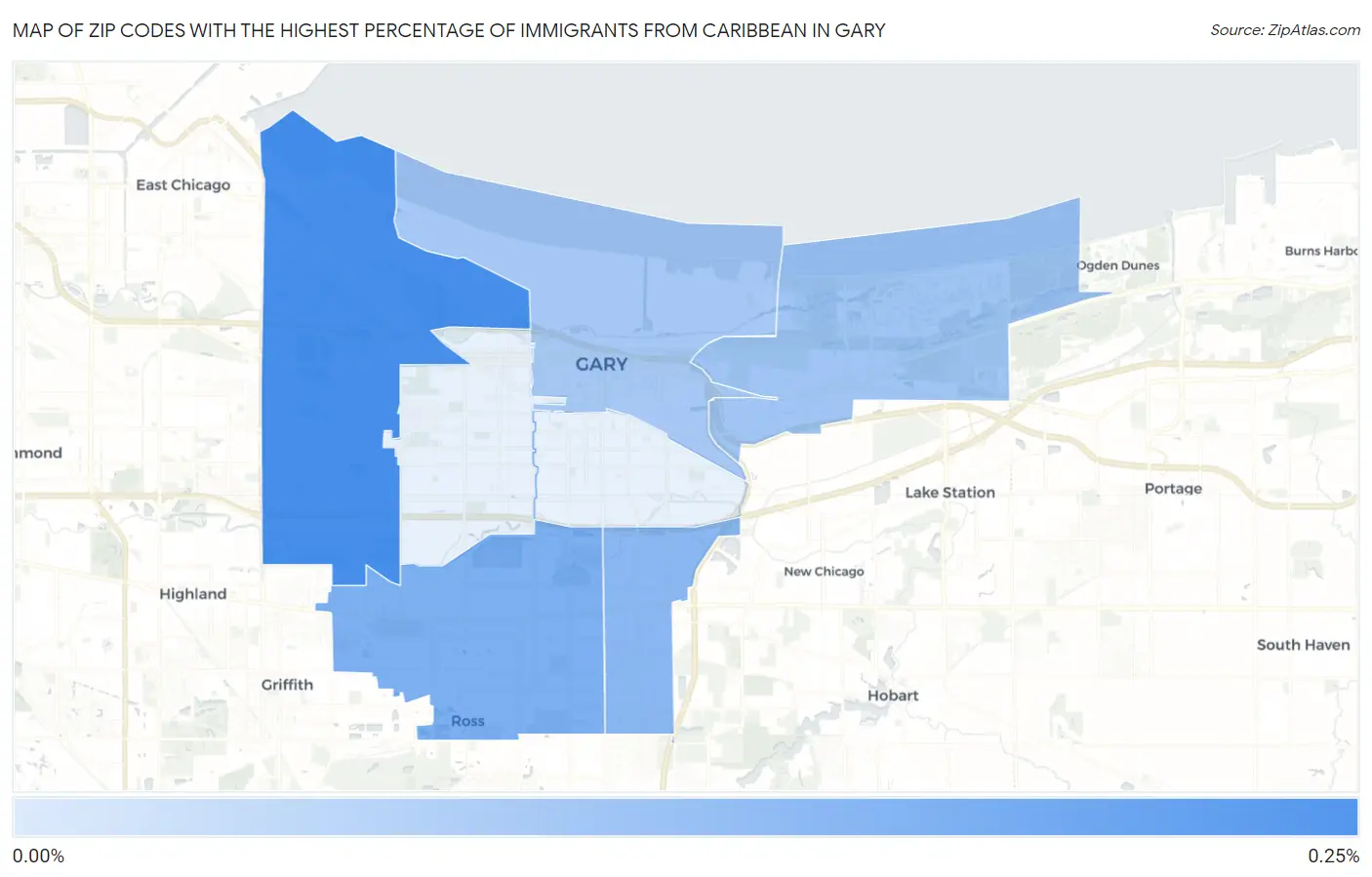 Zip Codes with the Highest Percentage of Immigrants from Caribbean in Gary Map