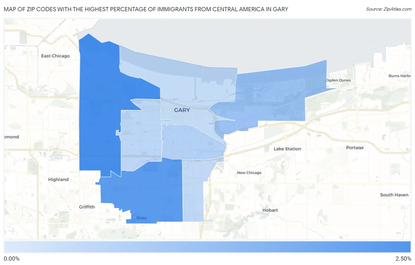 Zip Codes with the Highest Percentage of Immigrants from Central America in Gary Map