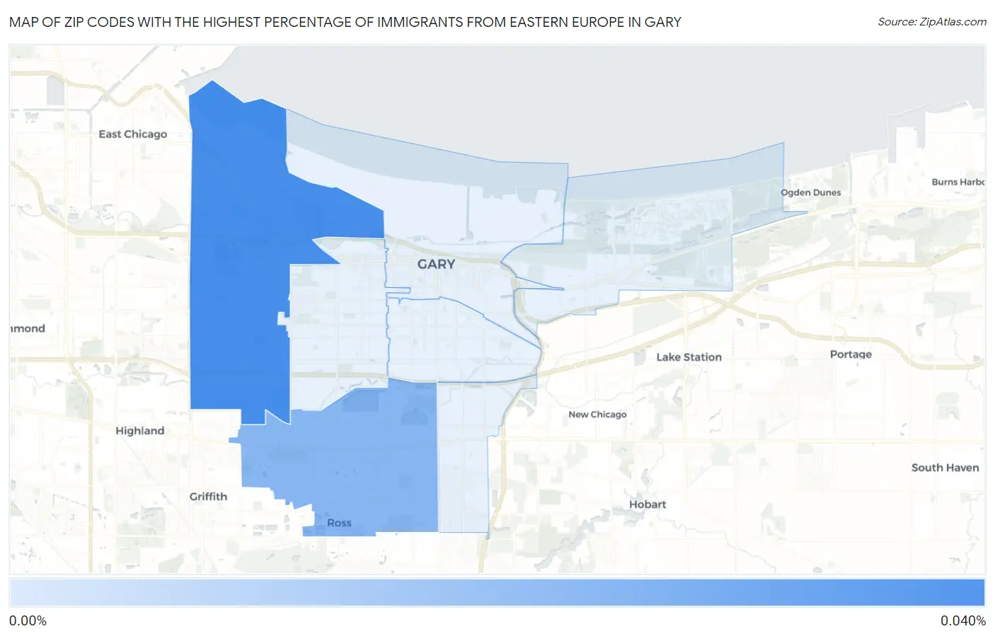 Zip Codes with the Highest Percentage of Immigrants from Eastern Europe in Gary Map