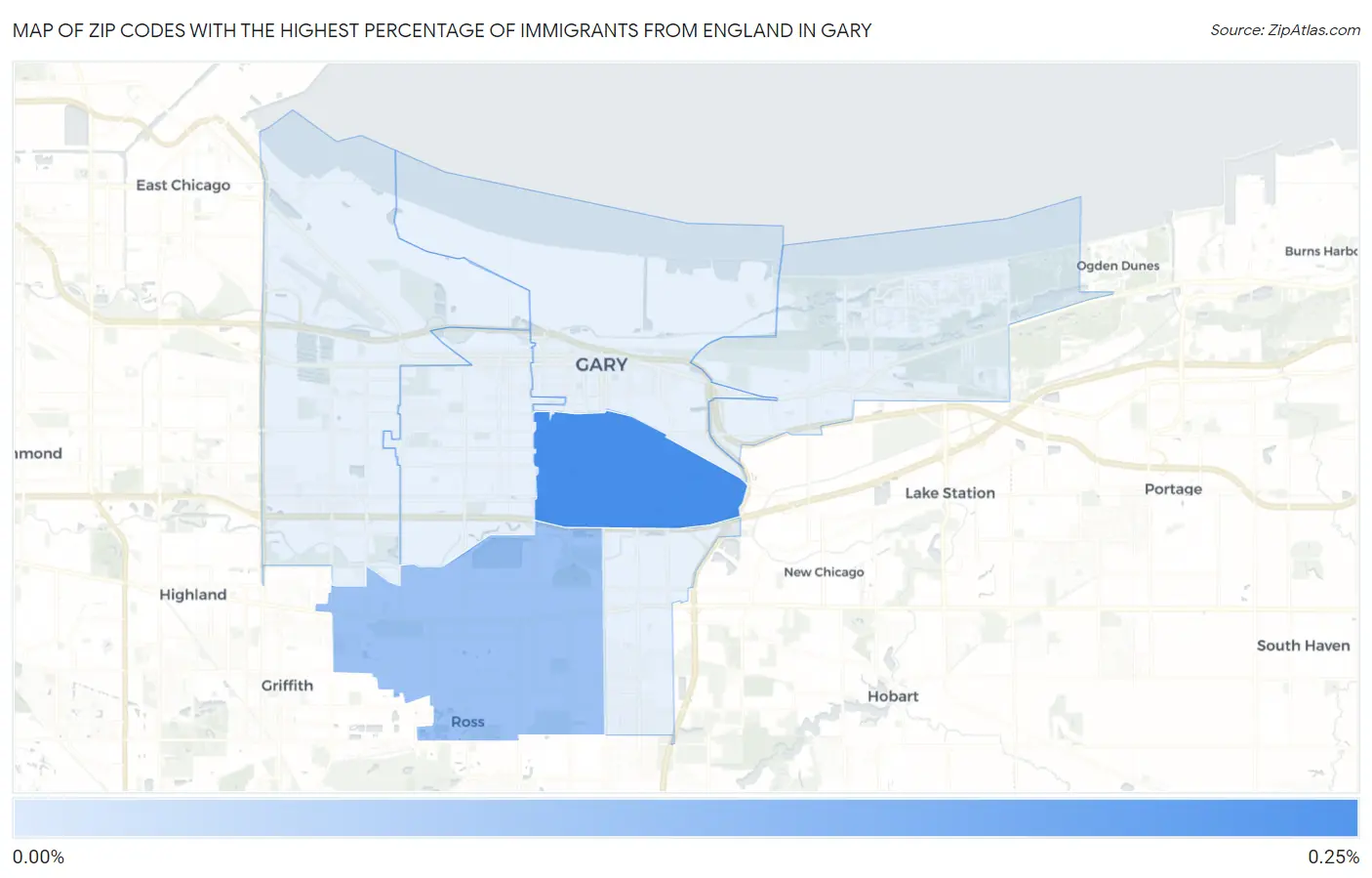 Zip Codes with the Highest Percentage of Immigrants from England in Gary Map