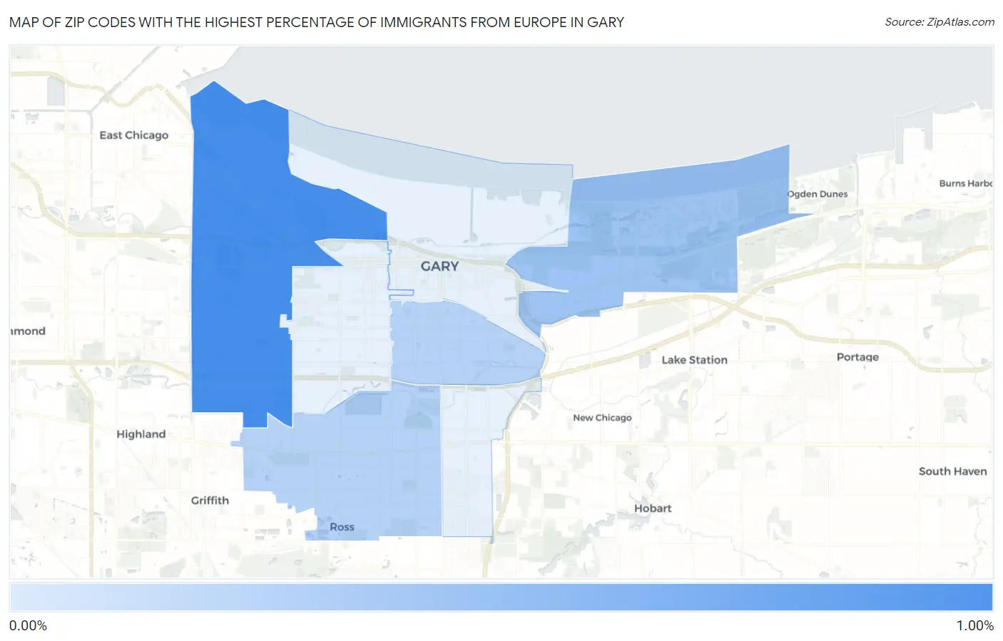 Zip Codes with the Highest Percentage of Immigrants from Europe in Gary Map