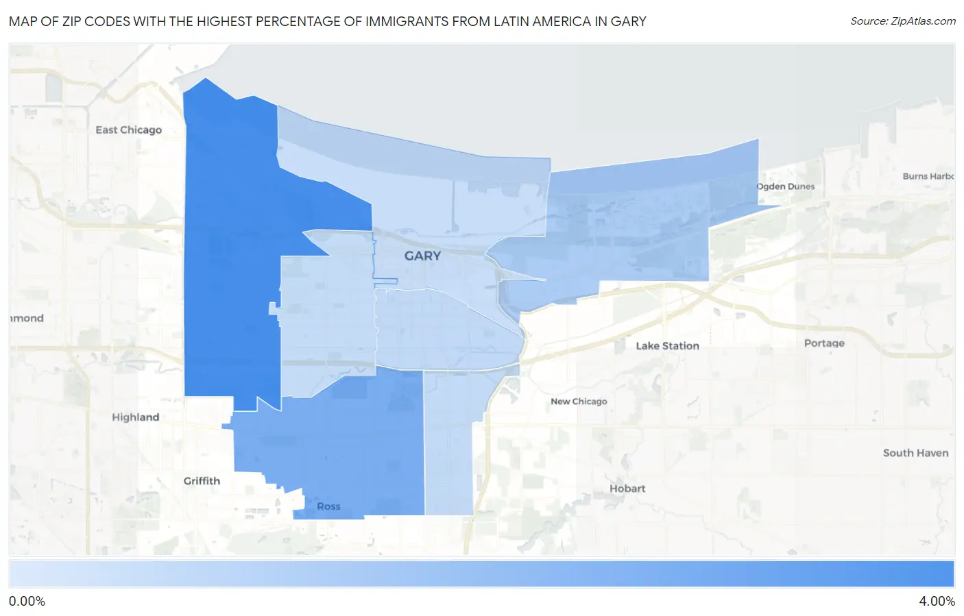 Zip Codes with the Highest Percentage of Immigrants from Latin America in Gary Map