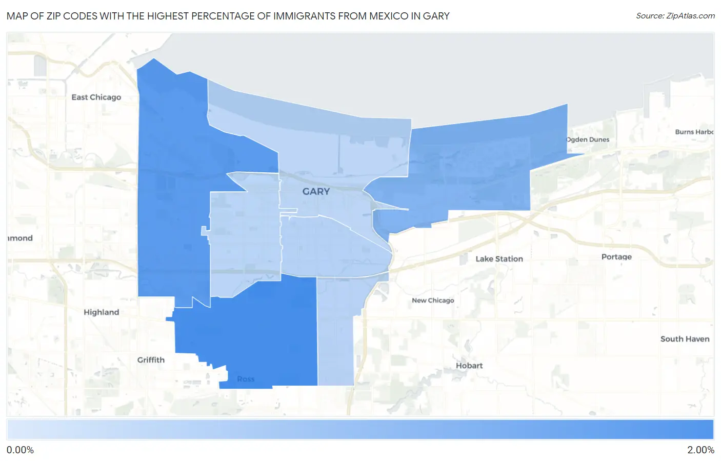 Zip Codes with the Highest Percentage of Immigrants from Mexico in Gary Map