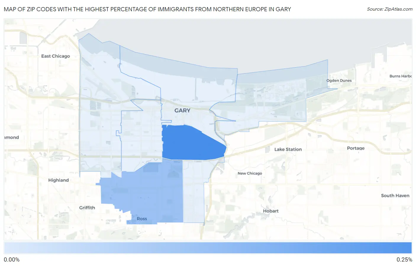 Zip Codes with the Highest Percentage of Immigrants from Northern Europe in Gary Map