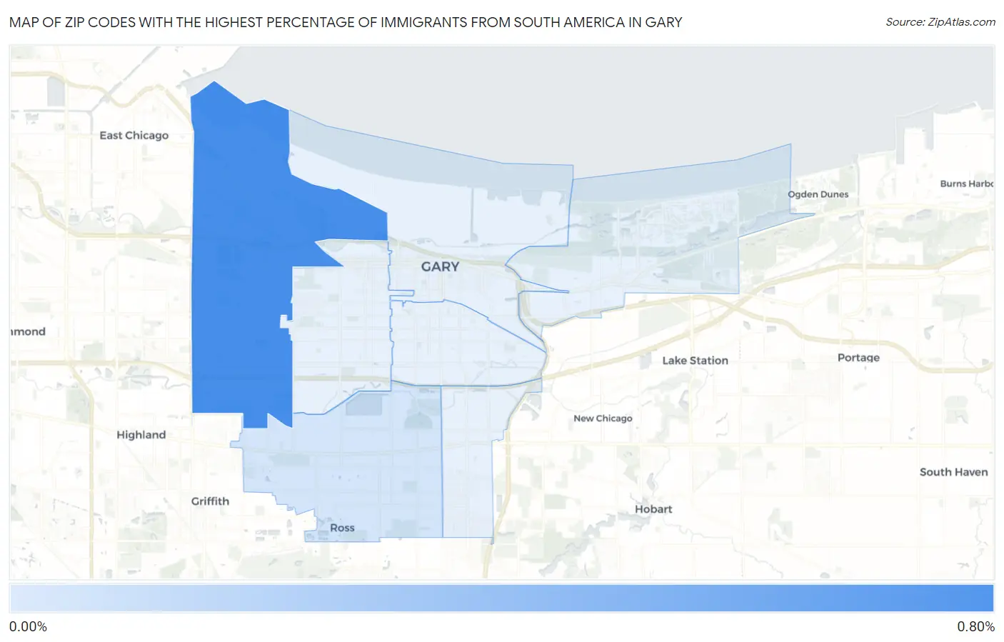 Zip Codes with the Highest Percentage of Immigrants from South America in Gary Map