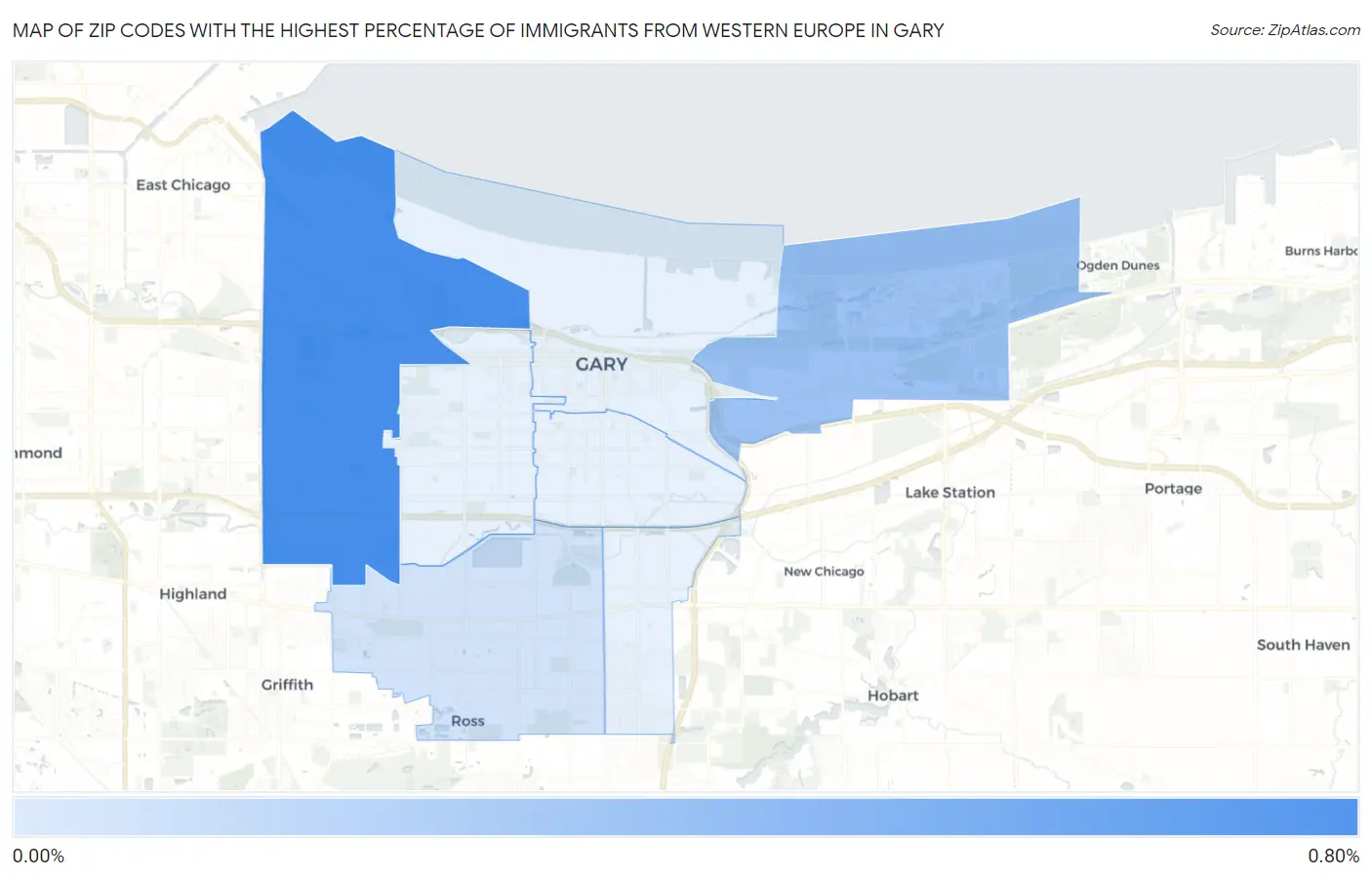 Zip Codes with the Highest Percentage of Immigrants from Western Europe in Gary Map