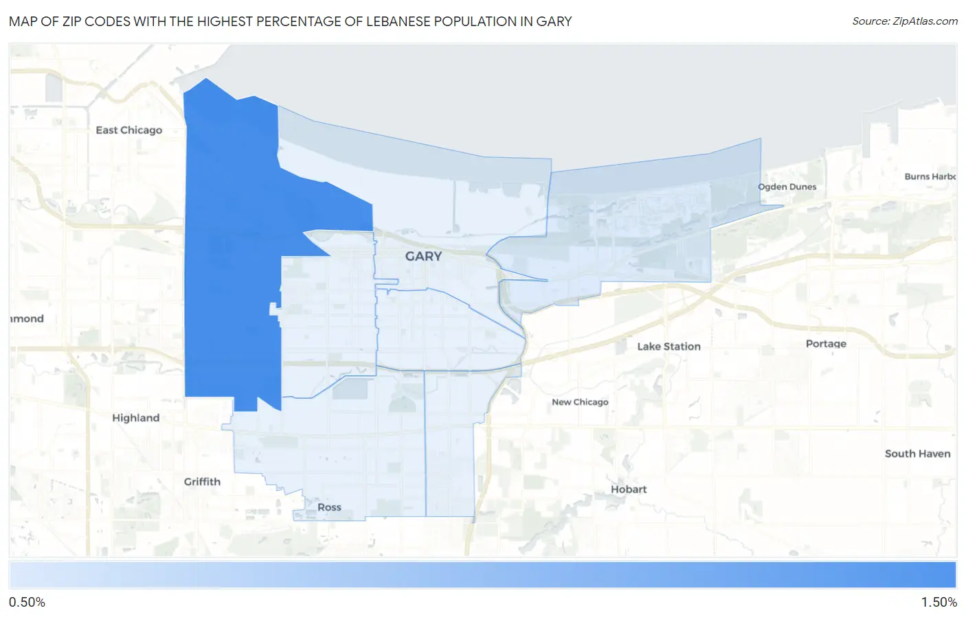 Zip Codes with the Highest Percentage of Lebanese Population in Gary Map