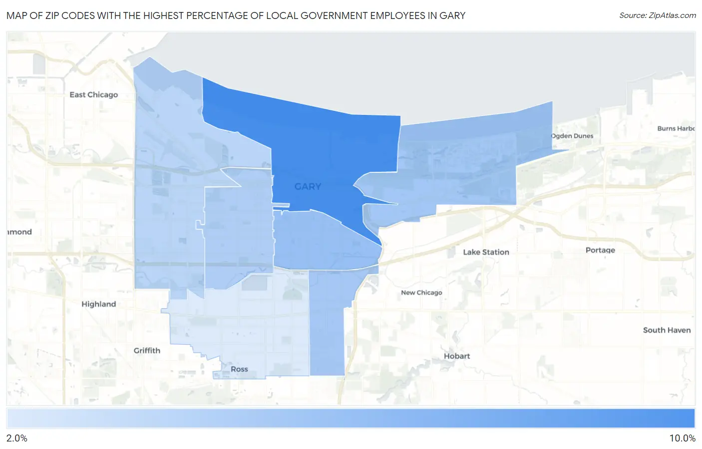 Zip Codes with the Highest Percentage of Local Government Employees in Gary Map