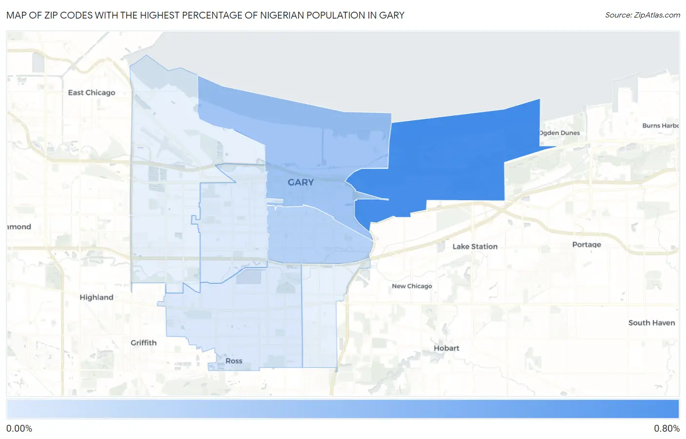 Zip Codes with the Highest Percentage of Nigerian Population in Gary Map