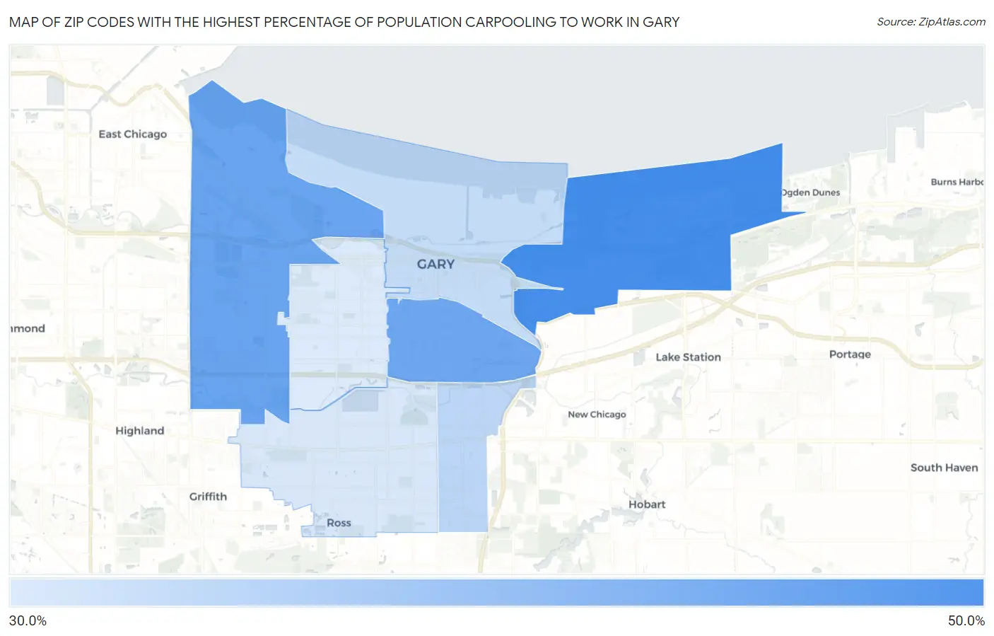 Zip Codes with the Highest Percentage of Population Carpooling to Work in Gary Map