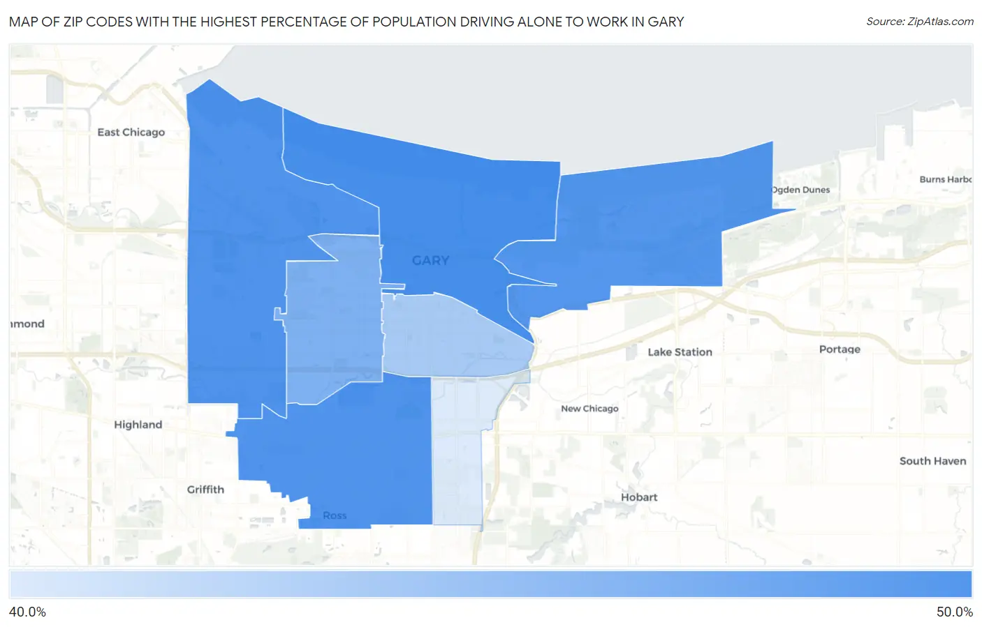 Zip Codes with the Highest Percentage of Population Driving Alone to Work in Gary Map