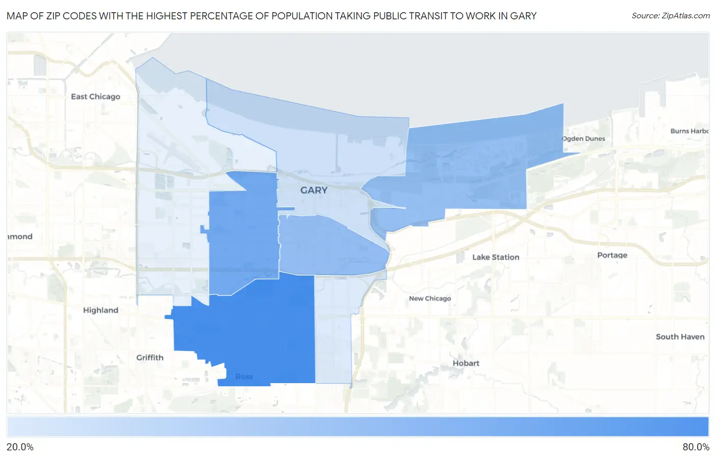 Zip Codes with the Highest Percentage of Population Taking Public Transit to Work in Gary Map