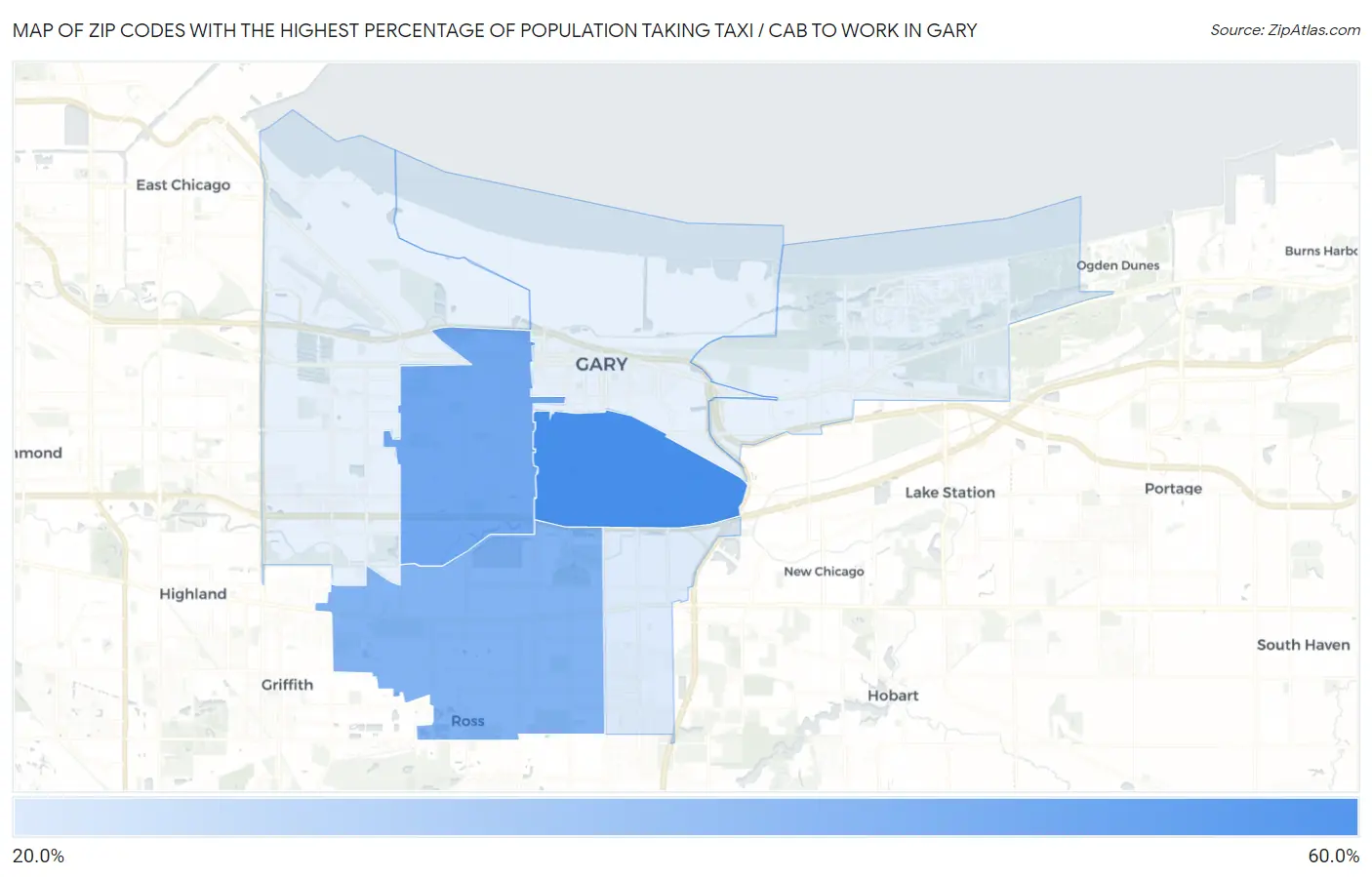 Zip Codes with the Highest Percentage of Population Taking Taxi / Cab to Work in Gary Map