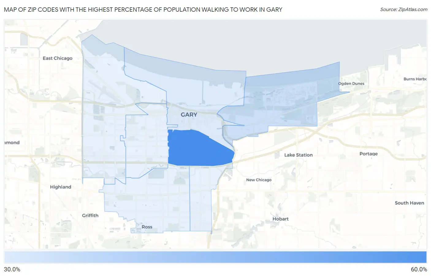 Zip Codes with the Highest Percentage of Population Walking to Work in Gary Map