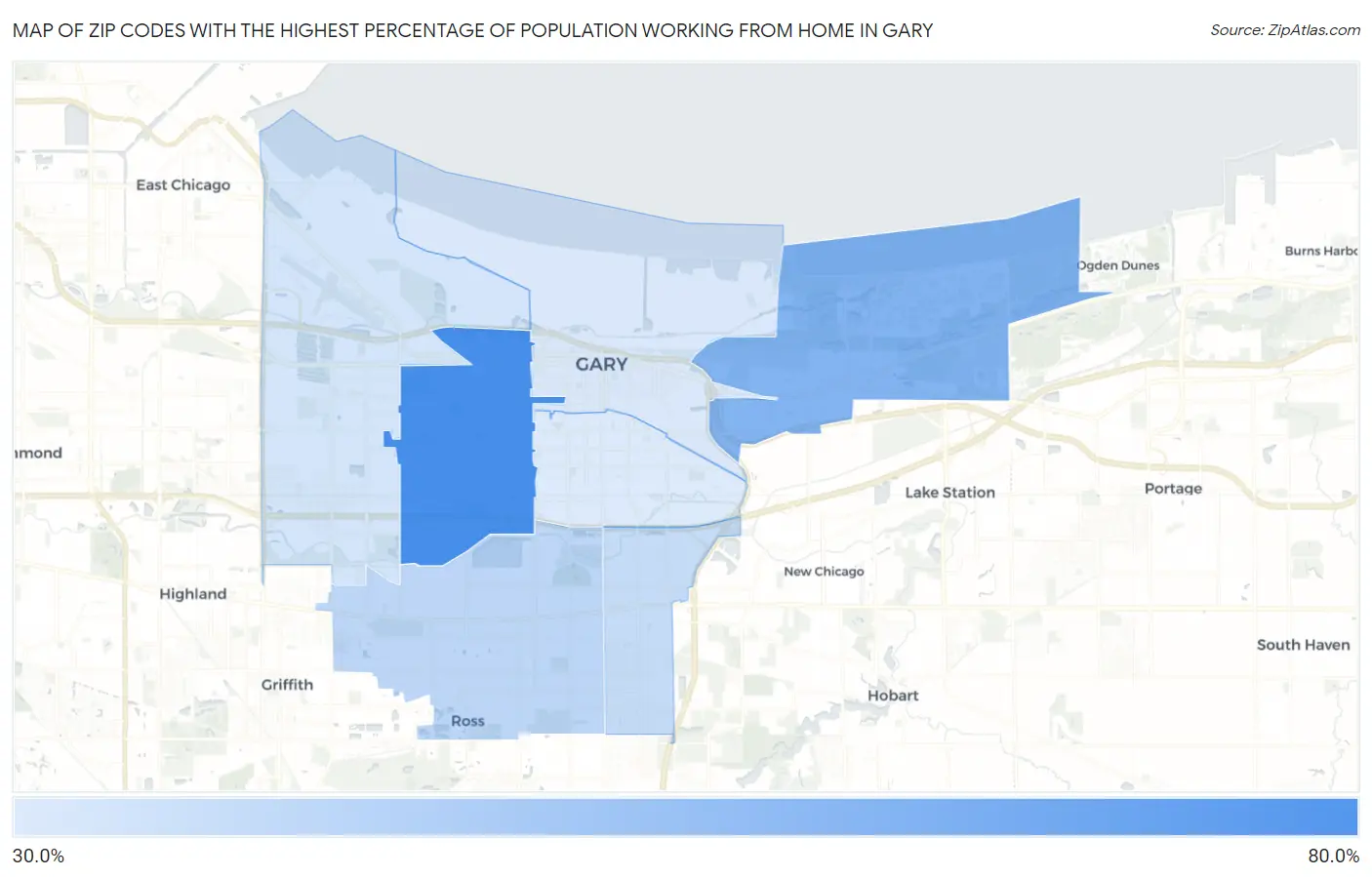 Zip Codes with the Highest Percentage of Population Working from Home in Gary Map