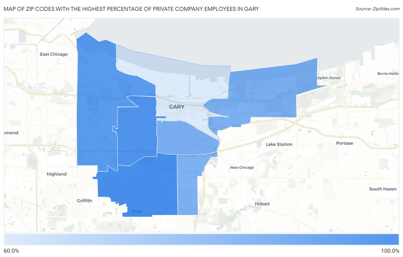 Zip Codes with the Highest Percentage of Private Company Employees in Gary Map