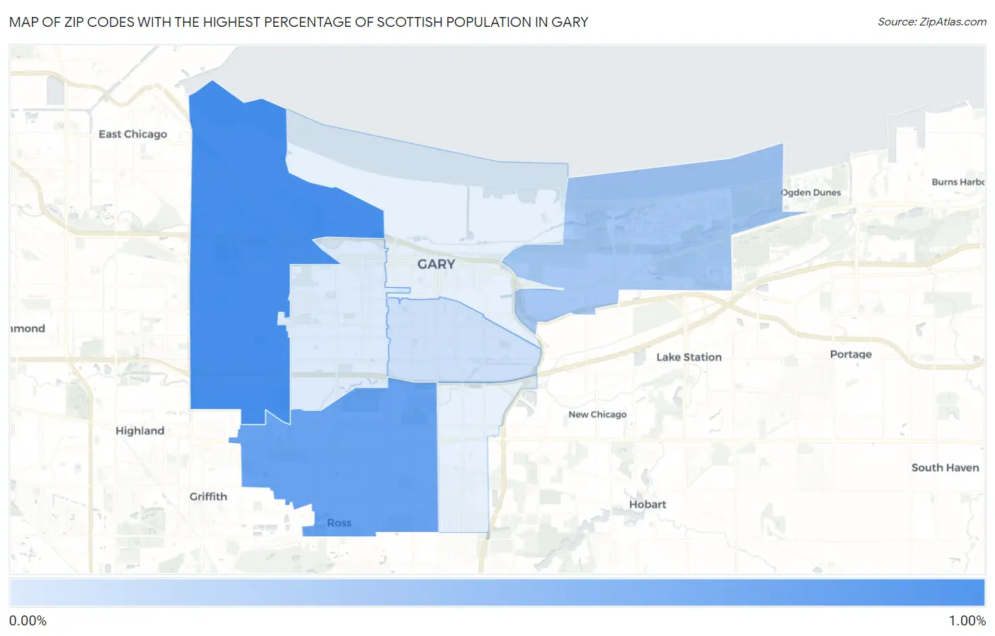 Zip Codes with the Highest Percentage of Scottish Population in Gary Map