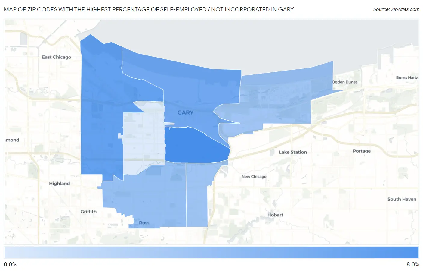 Zip Codes with the Highest Percentage of Self-Employed / Not Incorporated in Gary Map