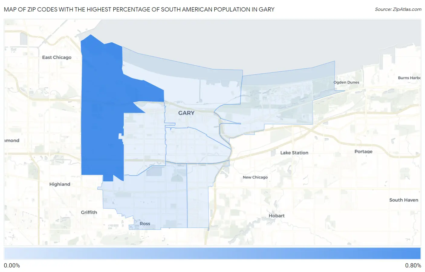 Zip Codes with the Highest Percentage of South American Population in Gary Map