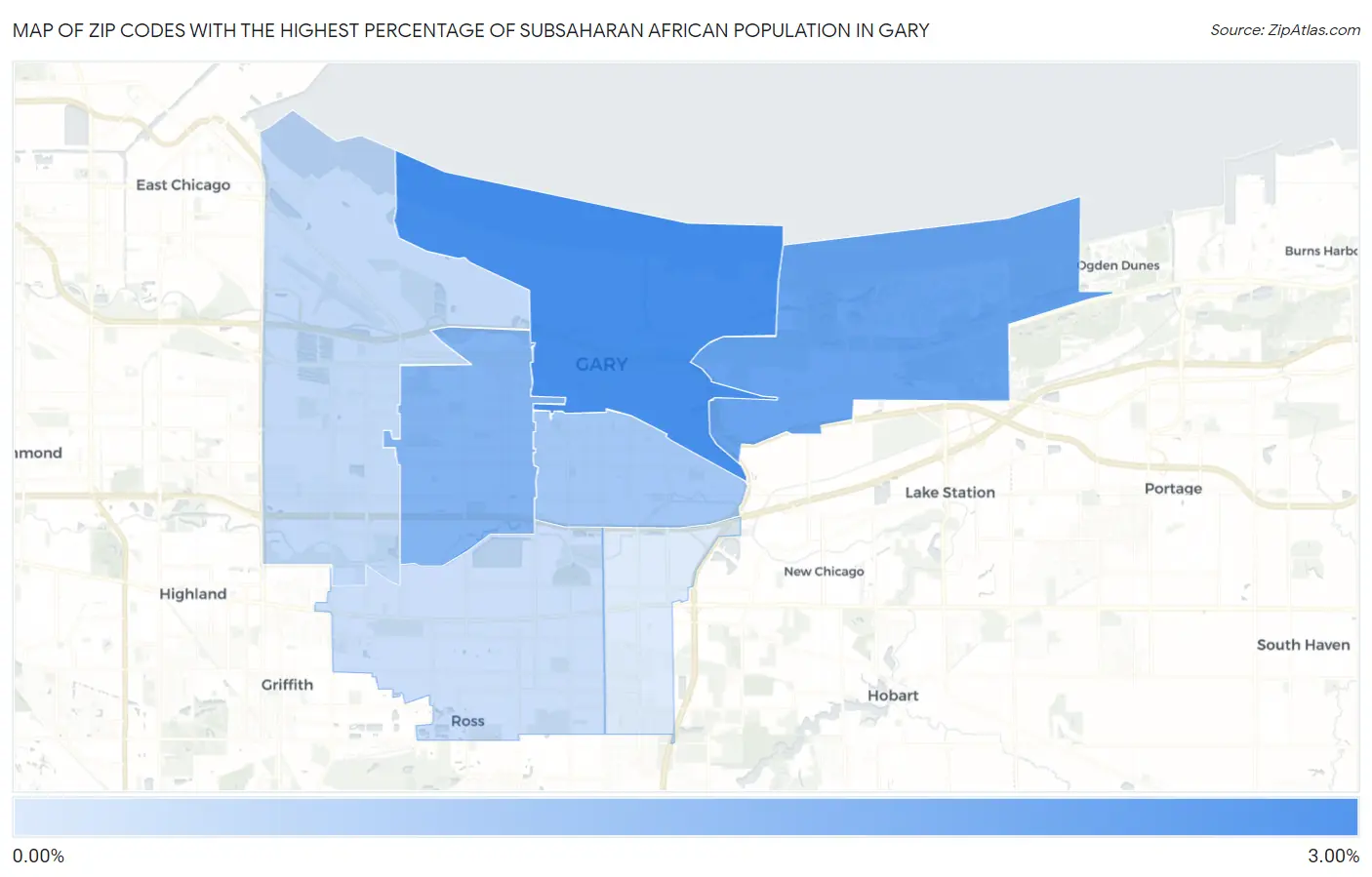 Zip Codes with the Highest Percentage of Subsaharan African Population in Gary Map