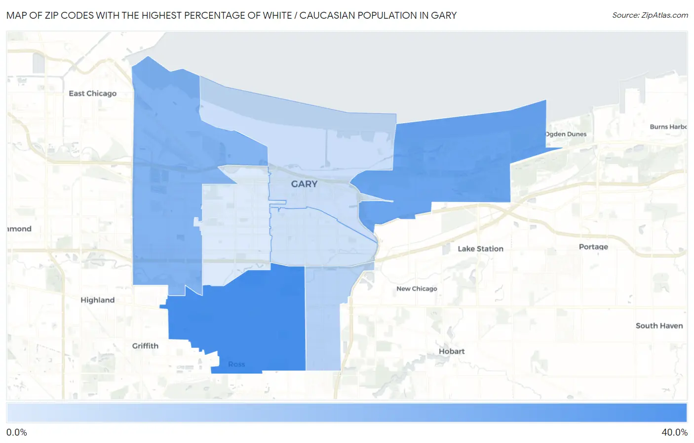 Zip Codes with the Highest Percentage of White / Caucasian Population in Gary Map