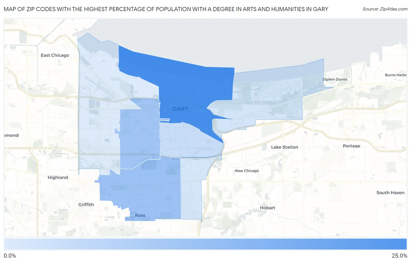 Zip Codes with the Highest Percentage of Population with a Degree in Arts and Humanities in Gary Map