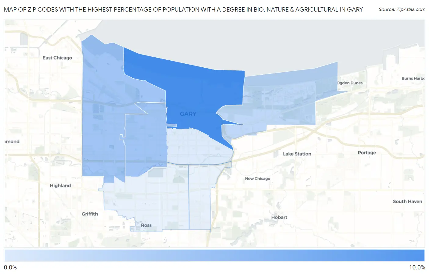 Zip Codes with the Highest Percentage of Population with a Degree in Bio, Nature & Agricultural in Gary Map