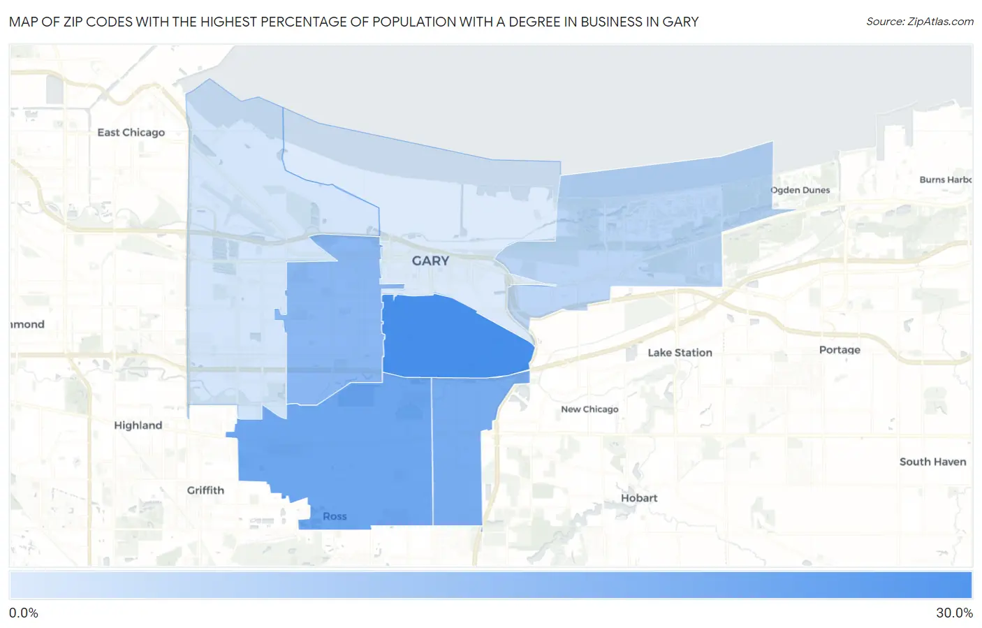 Zip Codes with the Highest Percentage of Population with a Degree in Business in Gary Map