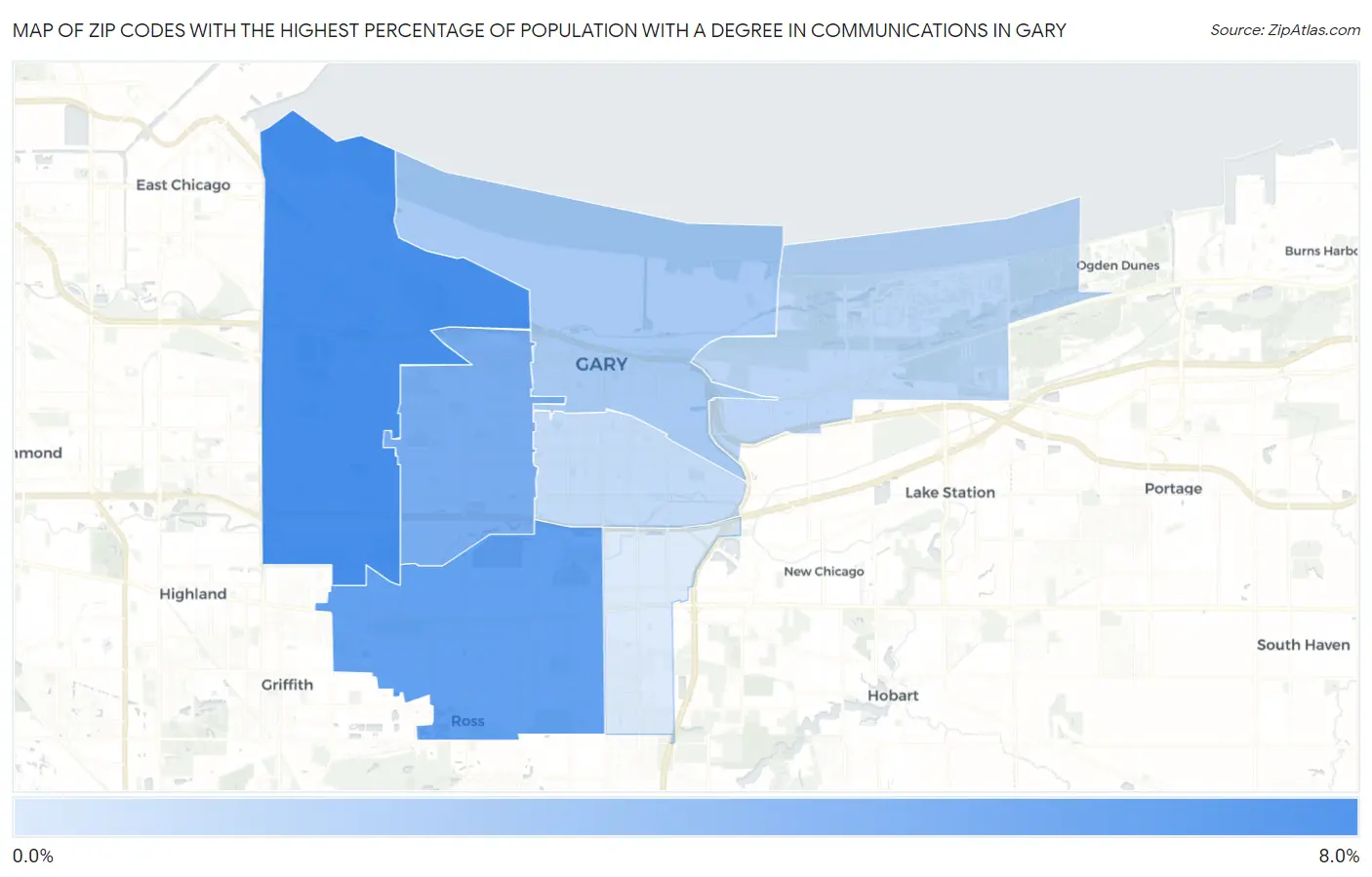 Zip Codes with the Highest Percentage of Population with a Degree in Communications in Gary Map