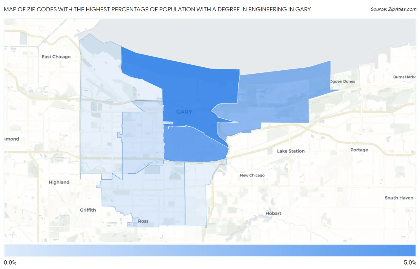 Zip Codes with the Highest Percentage of Population with a Degree in Engineering in Gary Map
