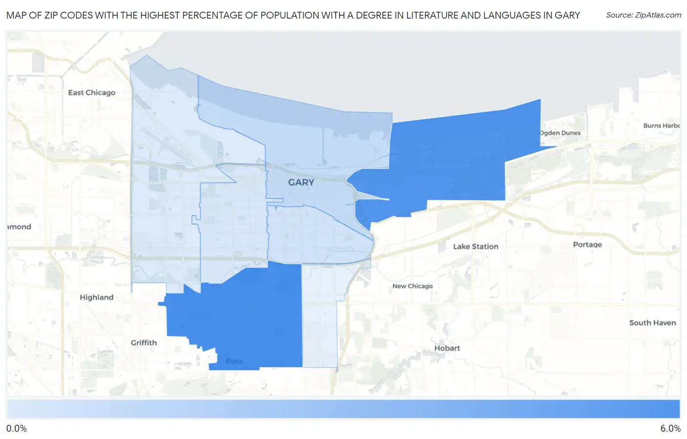 Zip Codes with the Highest Percentage of Population with a Degree in Literature and Languages in Gary Map