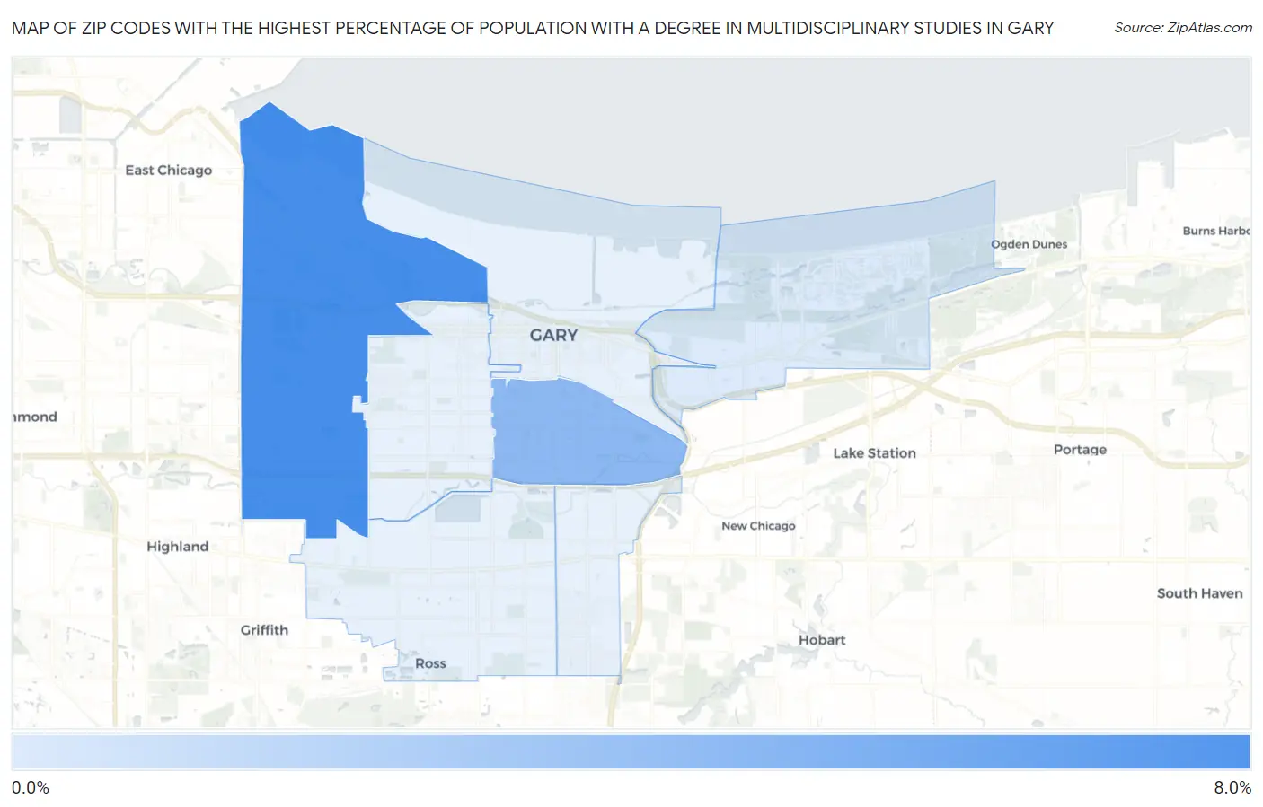 Zip Codes with the Highest Percentage of Population with a Degree in Multidisciplinary Studies in Gary Map