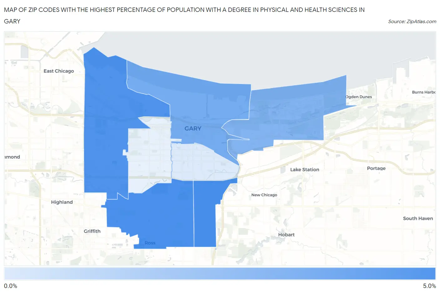 Zip Codes with the Highest Percentage of Population with a Degree in Physical and Health Sciences in Gary Map