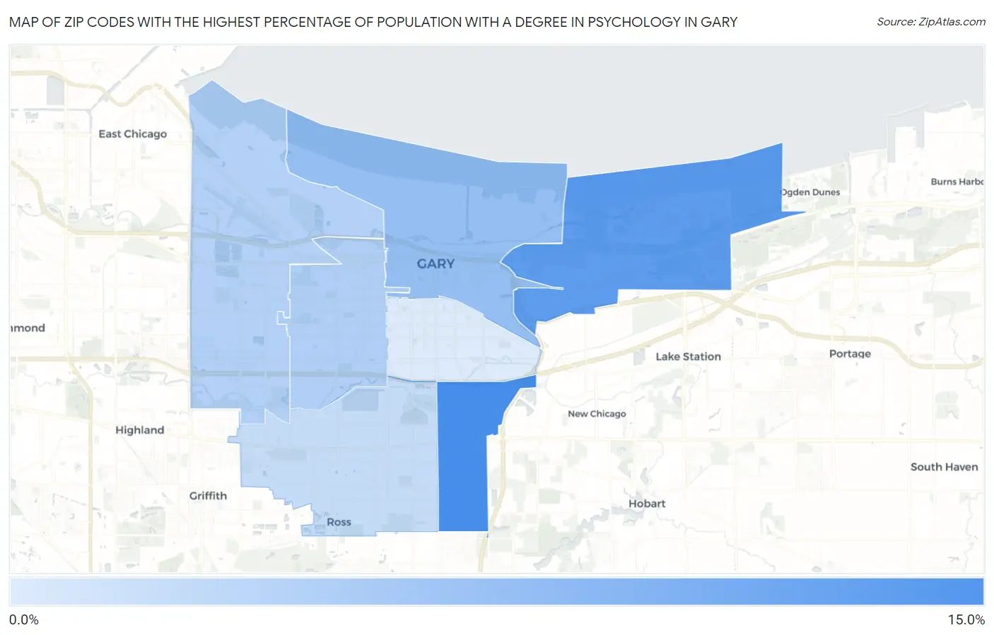 Zip Codes with the Highest Percentage of Population with a Degree in Psychology in Gary Map