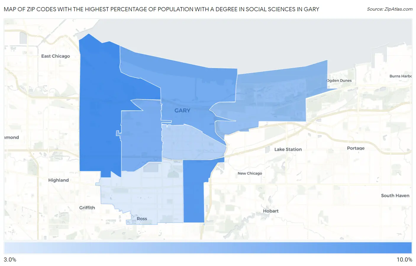 Zip Codes with the Highest Percentage of Population with a Degree in Social Sciences in Gary Map