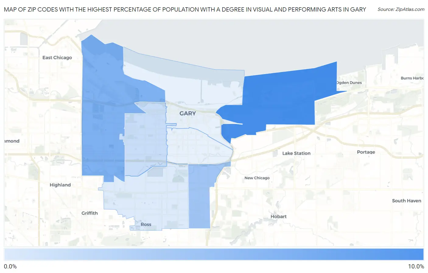 Zip Codes with the Highest Percentage of Population with a Degree in Visual and Performing Arts in Gary Map