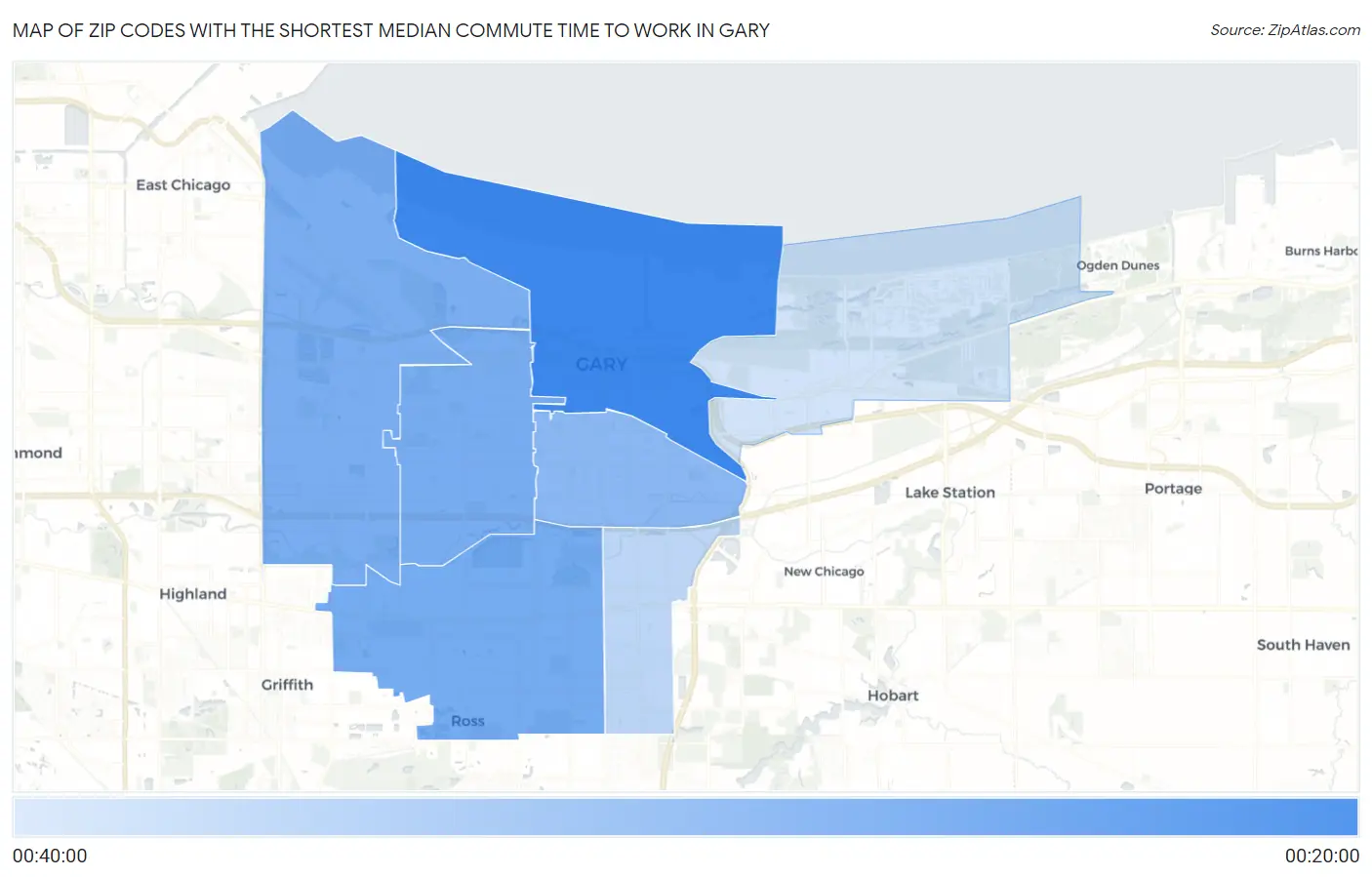 Zip Codes with the Shortest Median Commute Time to Work in Gary Map