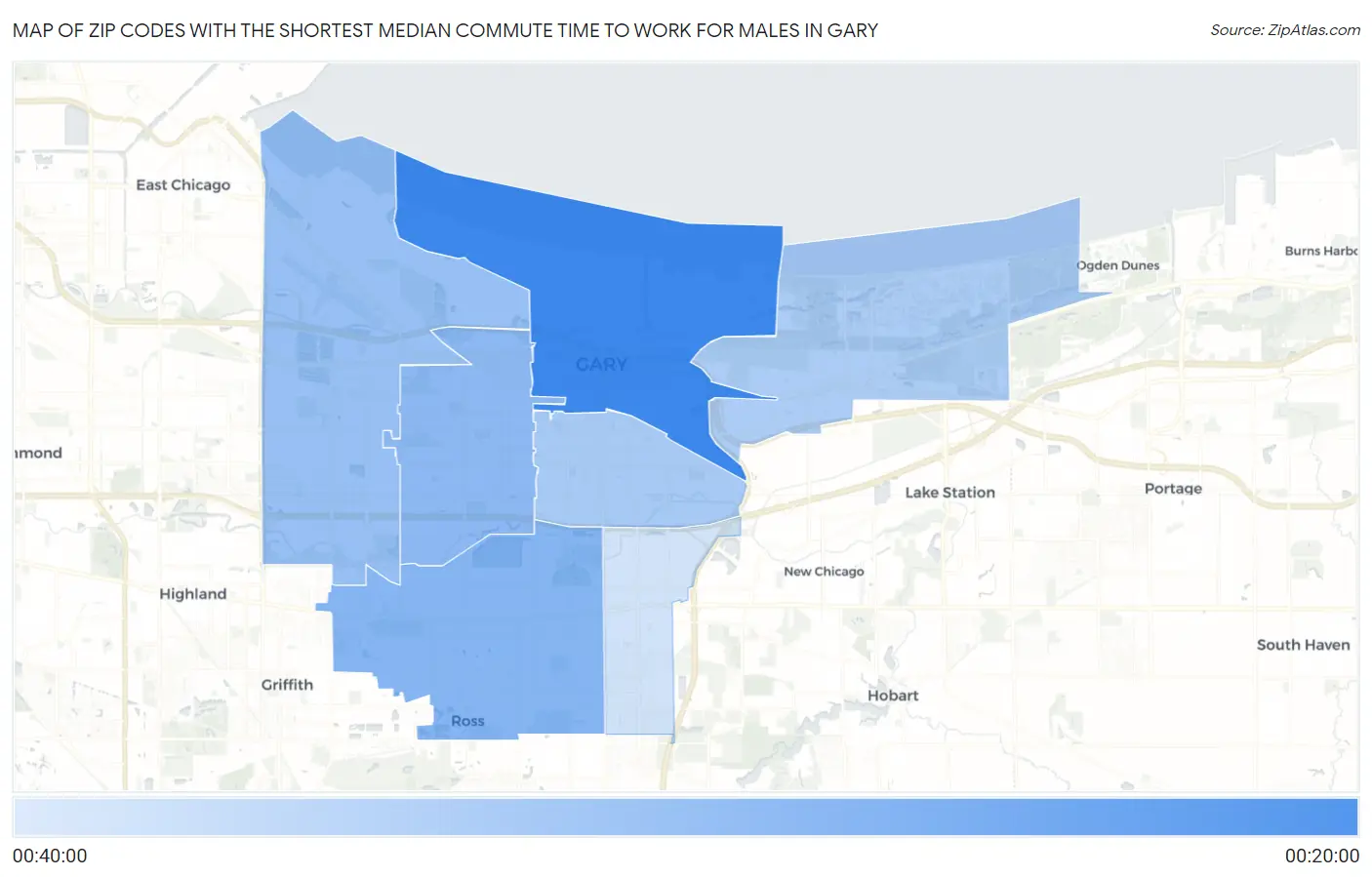 Zip Codes with the Shortest Median Commute Time to Work for Males in Gary Map