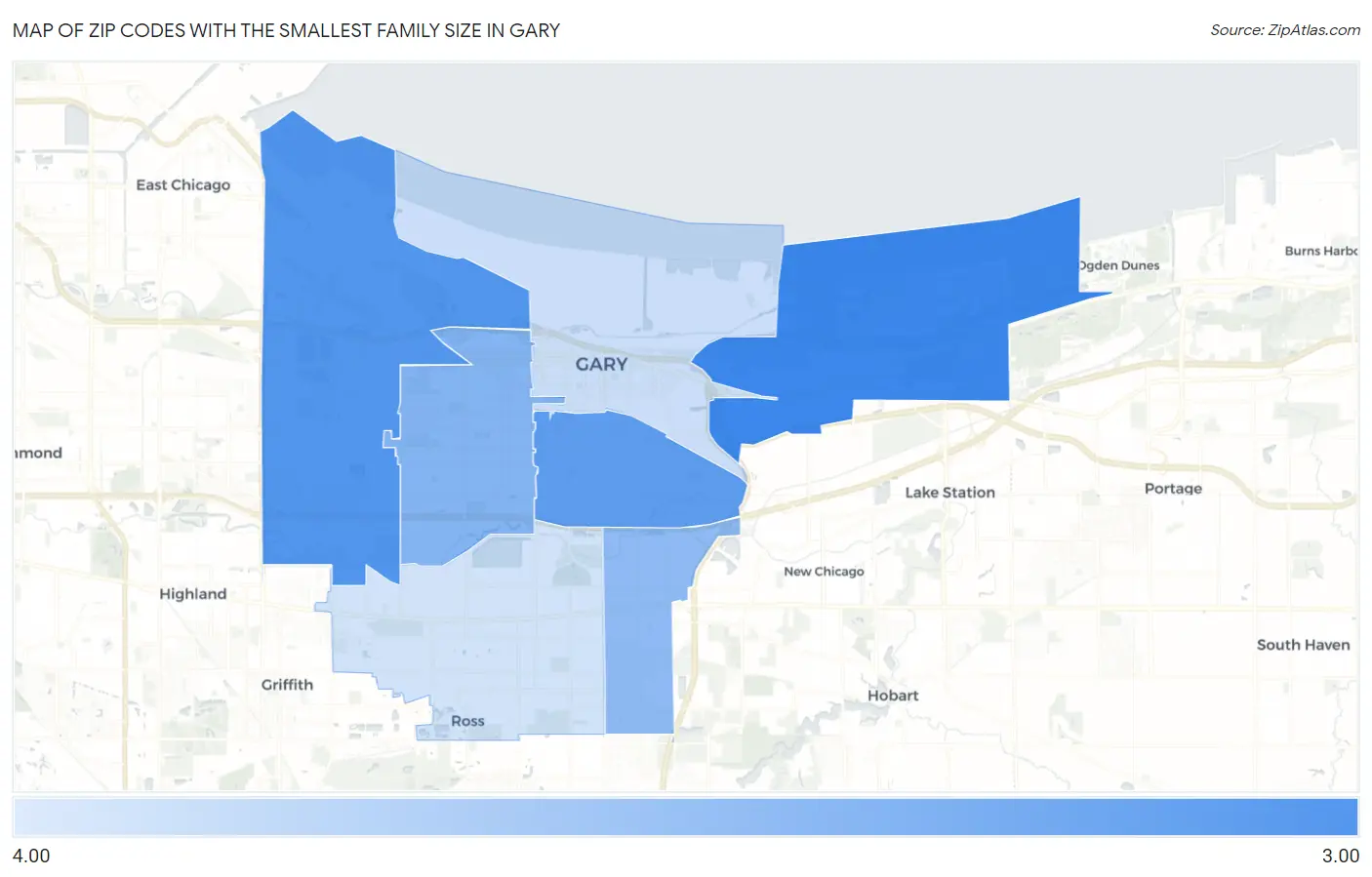 Zip Codes with the Smallest Family Size in Gary Map
