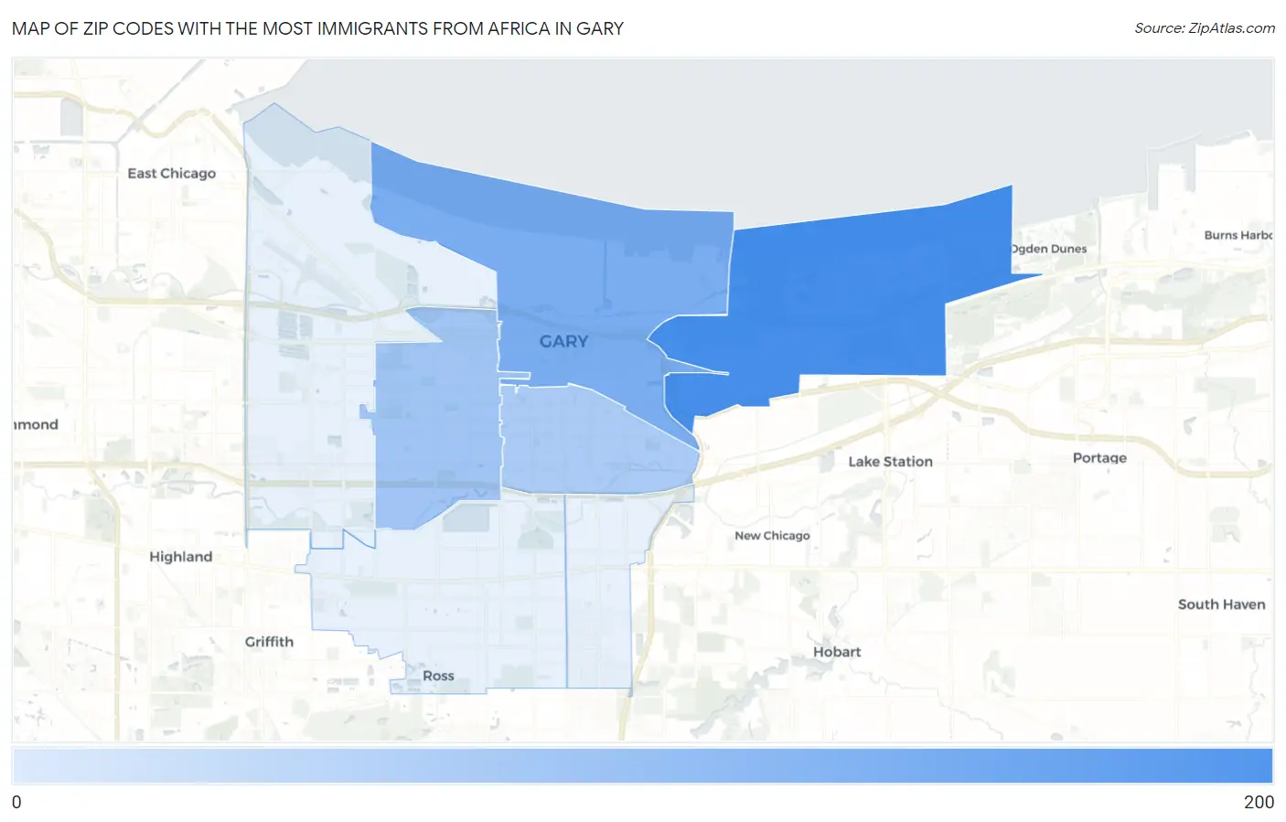 Zip Codes with the Most Immigrants from Africa in Gary Map