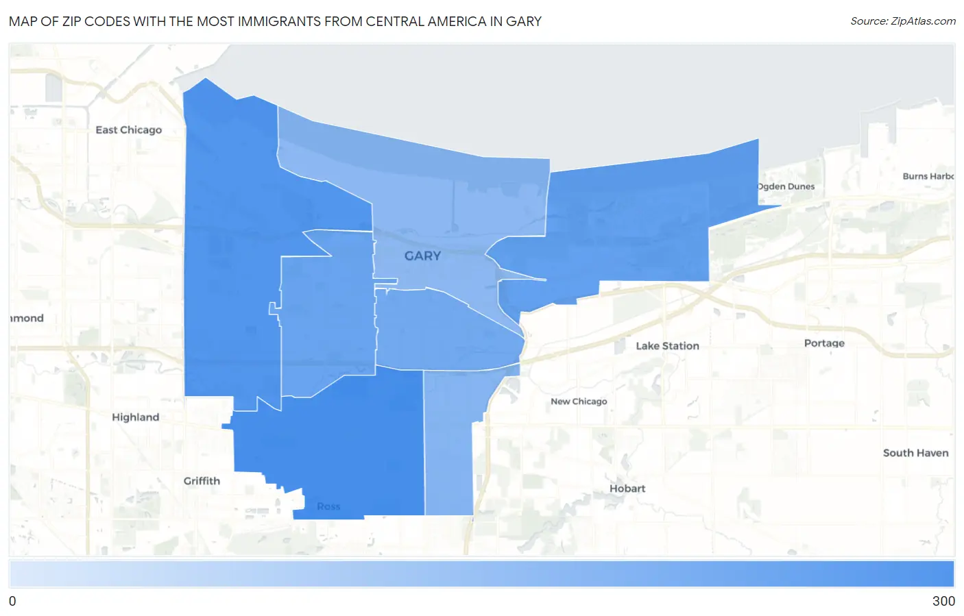 Zip Codes with the Most Immigrants from Central America in Gary Map