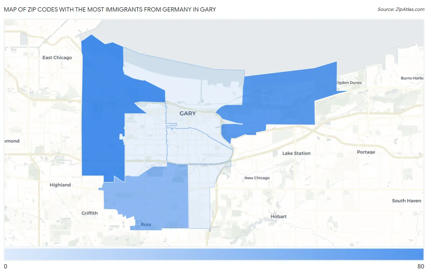 Zip Codes with the Most Immigrants from Germany in Gary Map