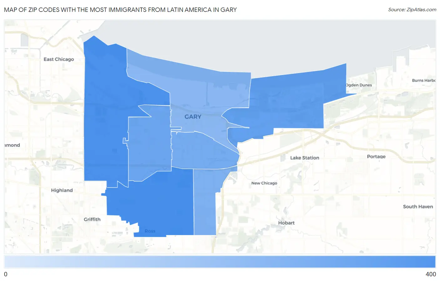 Zip Codes with the Most Immigrants from Latin America in Gary Map