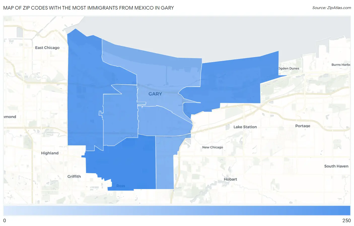 Zip Codes with the Most Immigrants from Mexico in Gary Map