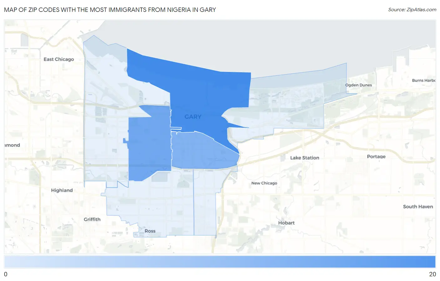Zip Codes with the Most Immigrants from Nigeria in Gary Map