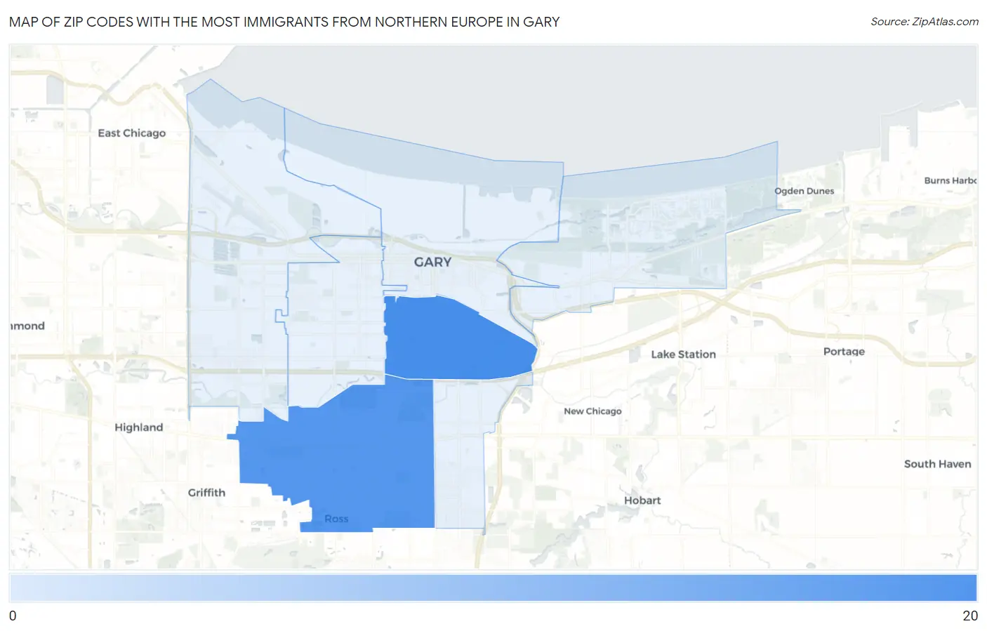 Zip Codes with the Most Immigrants from Northern Europe in Gary Map