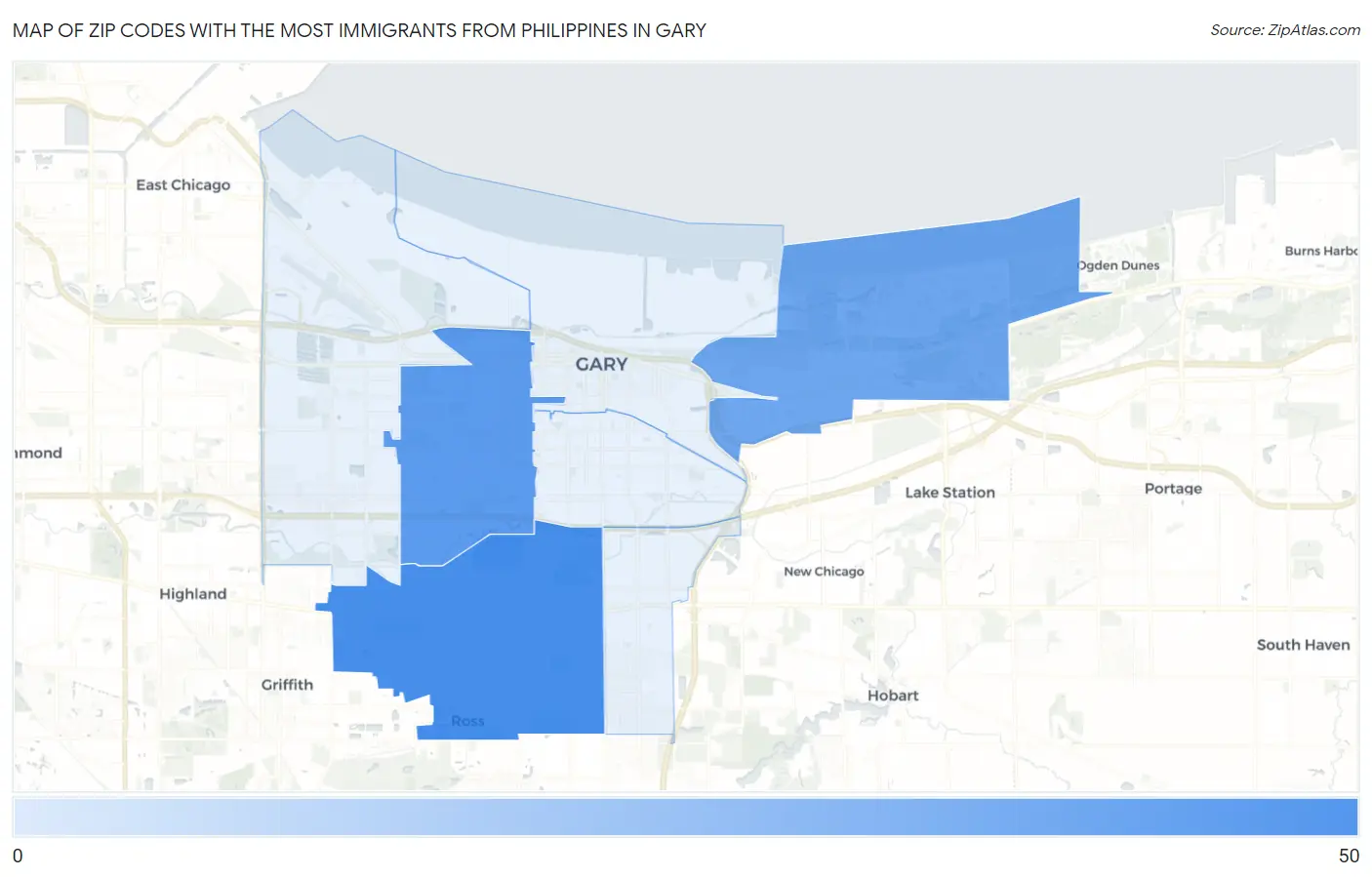 Zip Codes with the Most Immigrants from Philippines in Gary Map