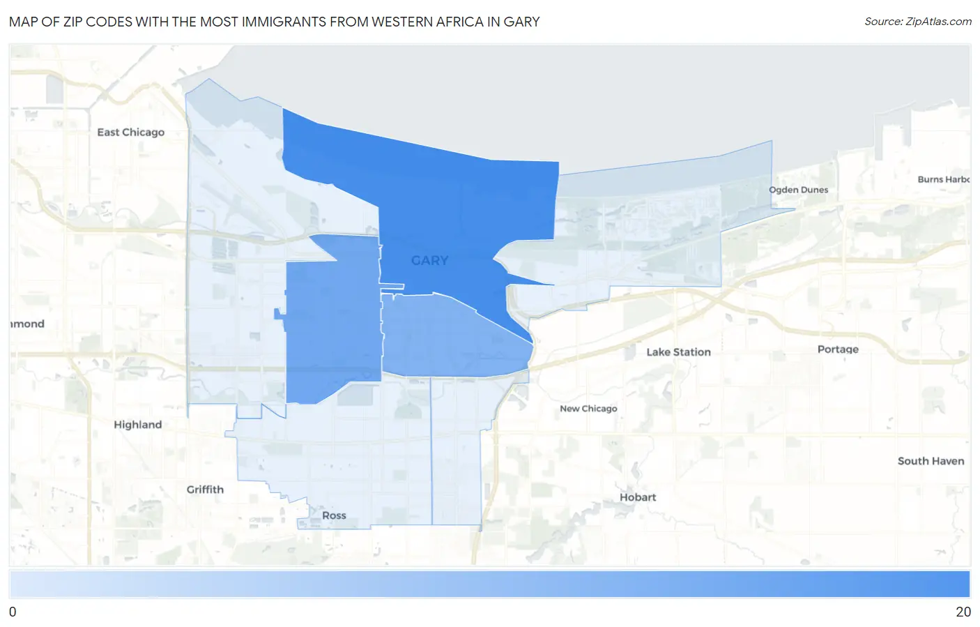 Zip Codes with the Most Immigrants from Western Africa in Gary Map