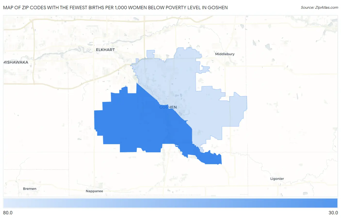 Zip Codes with the Fewest Births per 1,000 Women Below Poverty Level in Goshen Map